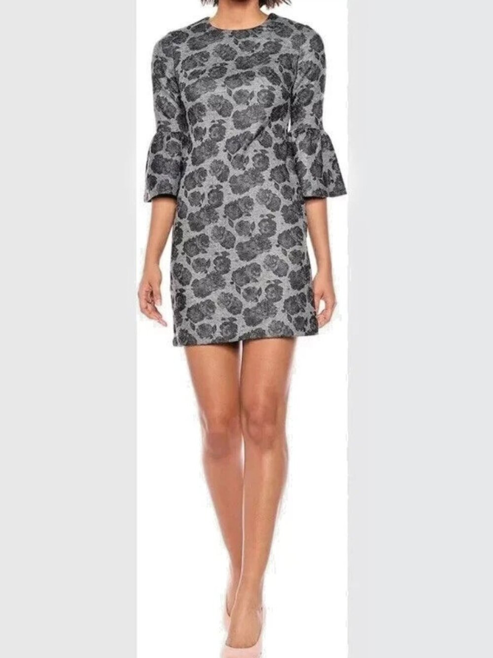 NWT Calvin Klein Women Size 2 Dress Flared Sleeve 65% Cotton Gray Rose Print